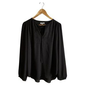 Emma & Olivia Black Split Neck Long Sleeve Sheer Blouse Size Large 4 0437